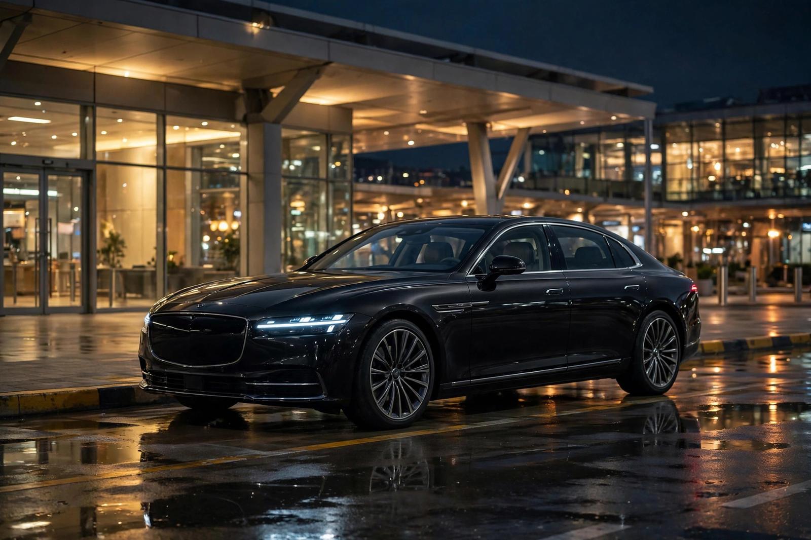 Black executive sedan at the airport at night for a Monrovia pickup