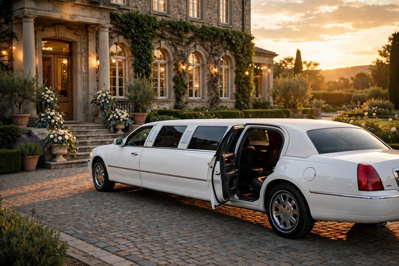 White stretch limousine arriving for a Glendale wedding evening