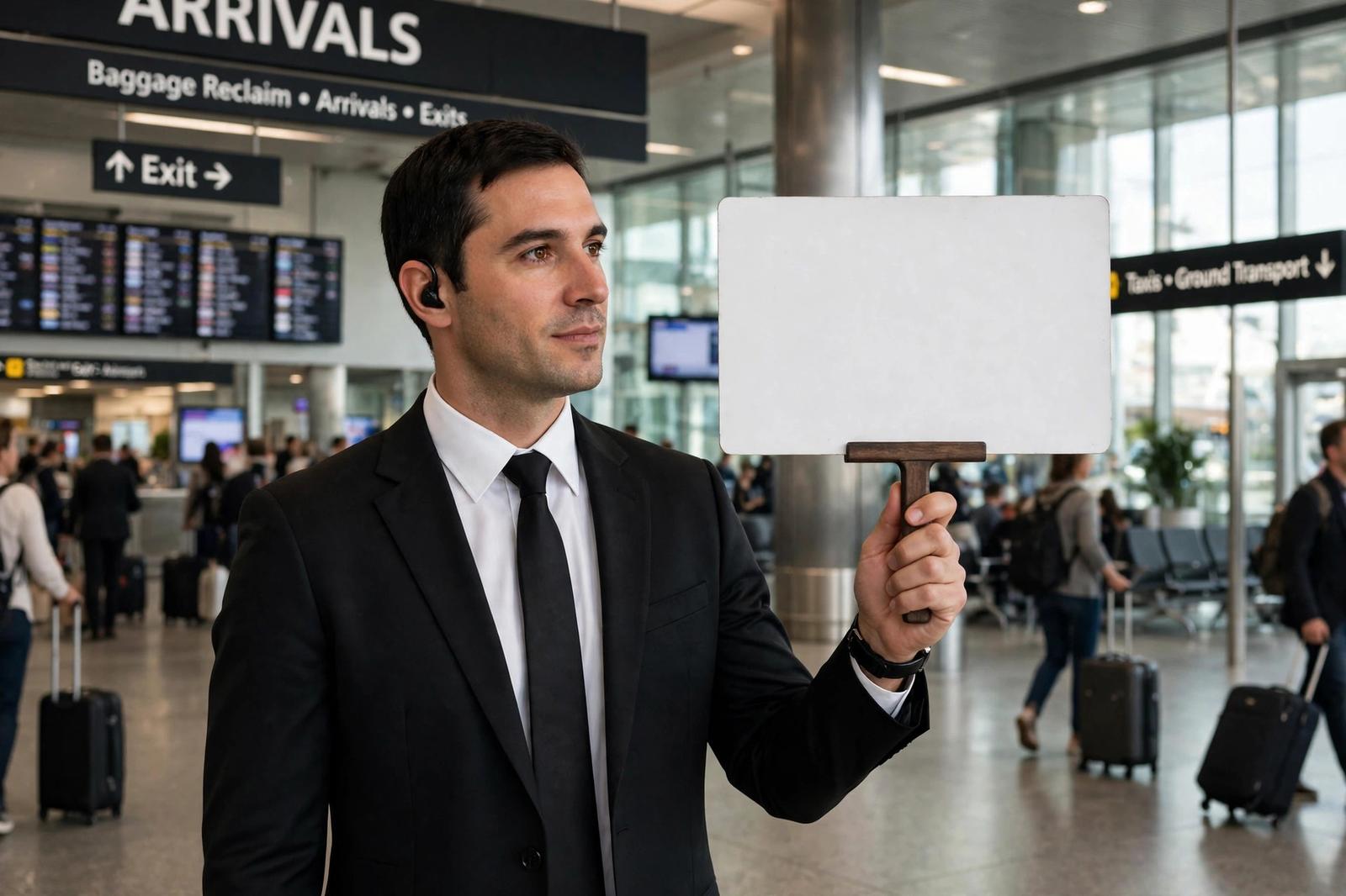 Chauffeur greeting travelers with a name sign at Hollywood Burbank Airport