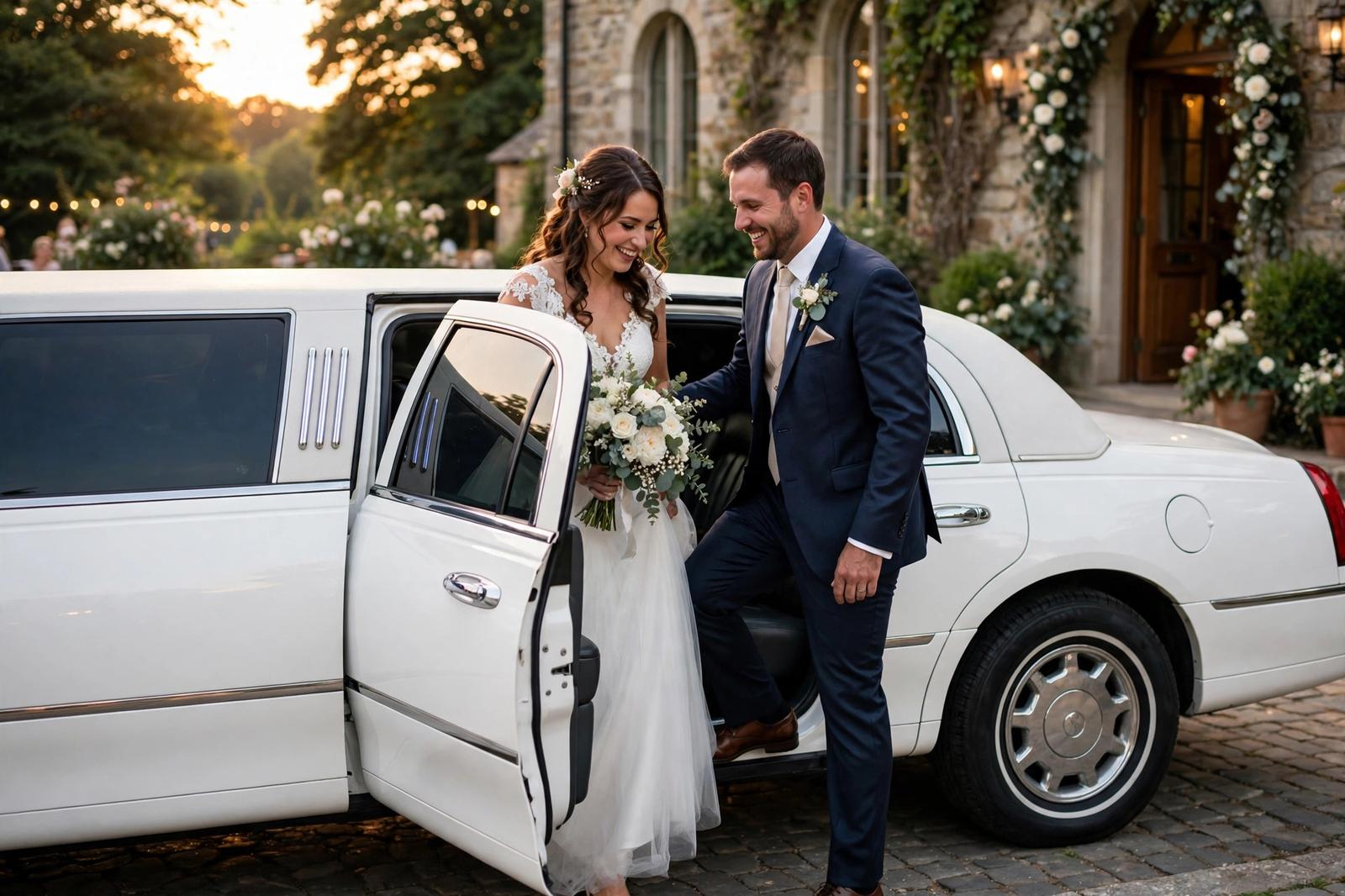 Bride and groom entering a white stretch limousine at their Beverly Hills wedding
