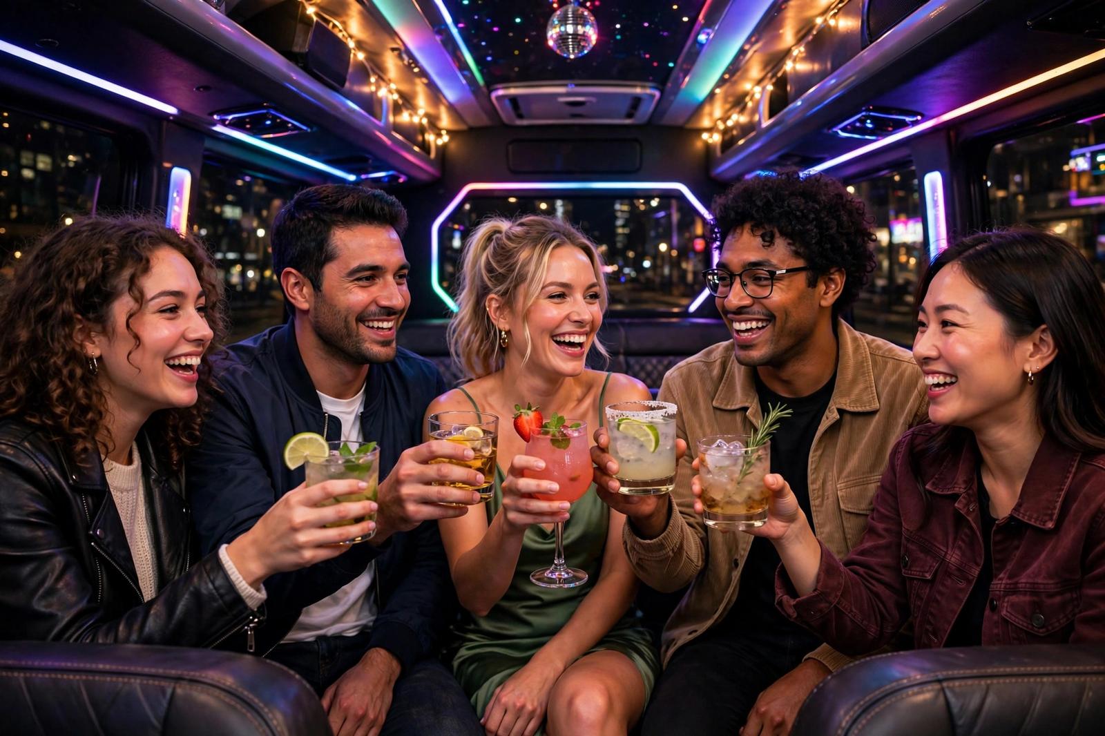 Friends celebrating a night out in a party bus from Monrovia