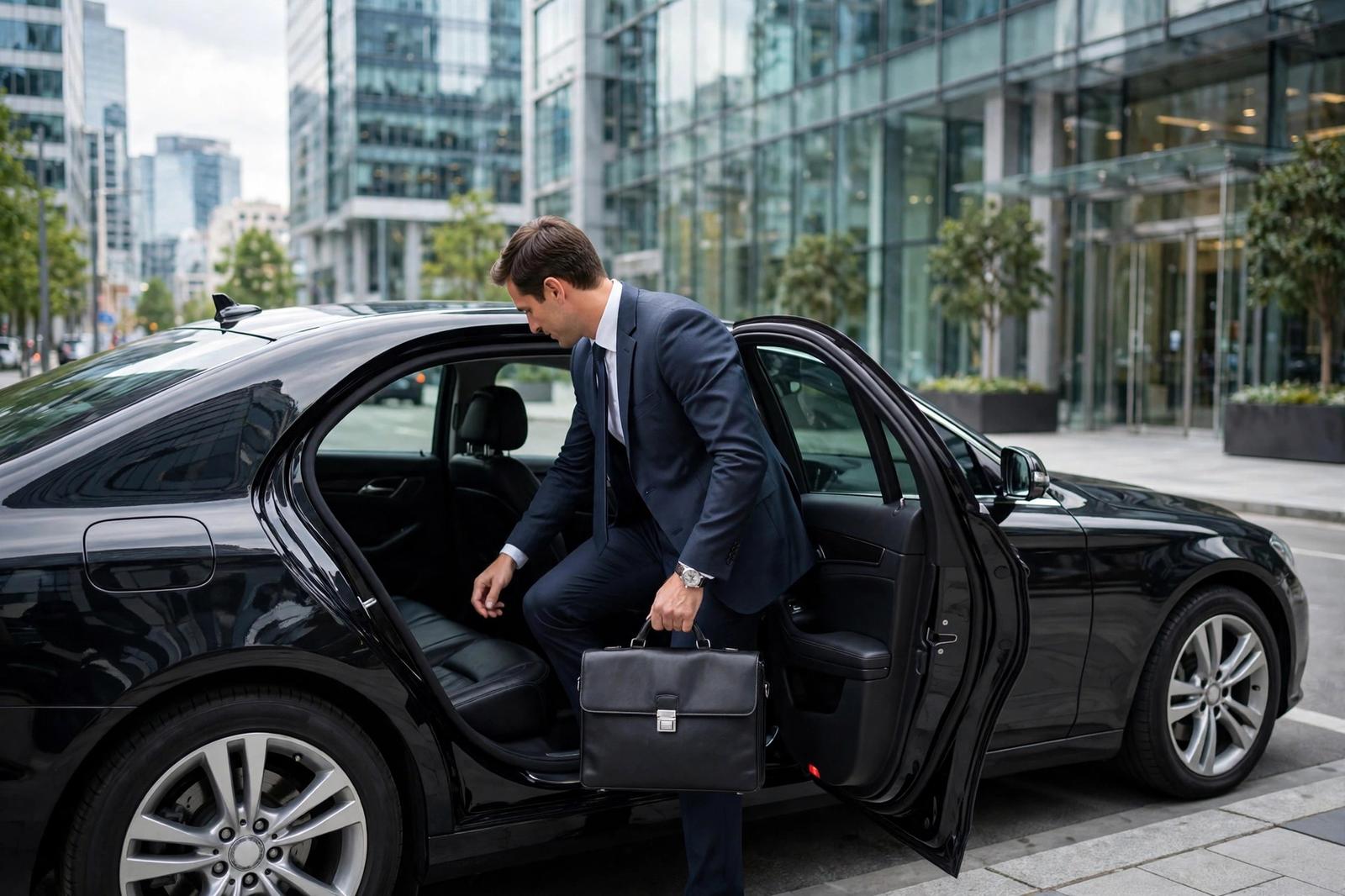Business traveler boarding an executive sedan in Arcadia